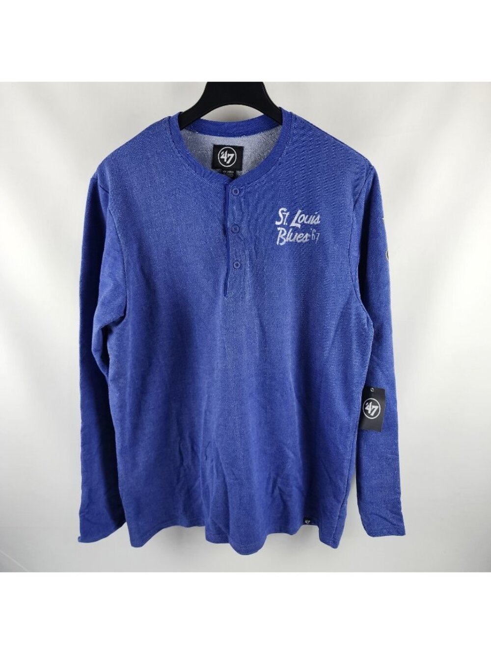 ‘47 St. Louis Blues Mens XXL Blue L/S Henley Arm Logo NWT